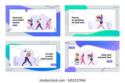Employees at Work, Website Landing Page Set, Business Man and Woman Carry Big Heap of Documents. Fired Sad Businesswoman with Box Leaving Office, Web Page. Cartoon Flat Vector Illustration, Banner