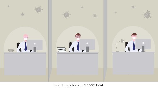 Employees worked during the coronary virus, working in separate rooms, wearing masks, virus background, vector illustration flat style