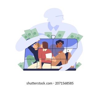 Employees working in cage. Office slavery concept. People slaves work under oppression and control of boss tyrant, dependent from employer. Flat vector illustration isolated on white background
