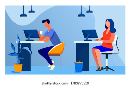 Employees working at computers. Office people, workplaces, co-working flat vector illustration. Corporate open space, professionals concept for banner, website design or landing web page