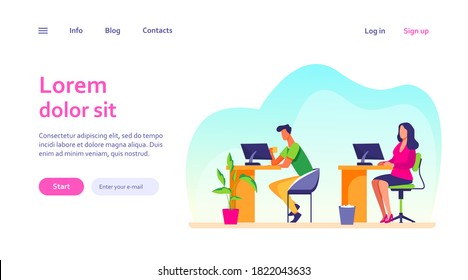 Employees working at computers. Office people, workplaces, co-working flat vector illustration. Corporate open space, professionals concept for banner, website design or landing web page