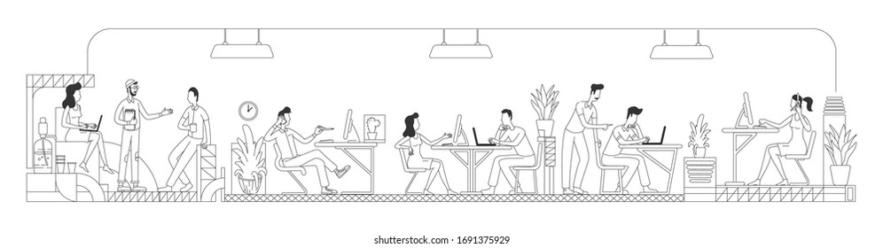 Employees working in creative office thin line vector illustration. Workers at business center outline characters on white background. Modern workspace with computers simple style drawing