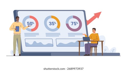 Empleados que trabajan con datos, análisis de marketing e informes estadísticos. Vector de personas pequeñas que analizan infografías y gráficos de rendimiento en la pantalla de la tableta. Hombre que presenta la solución de problemas para los negocios
