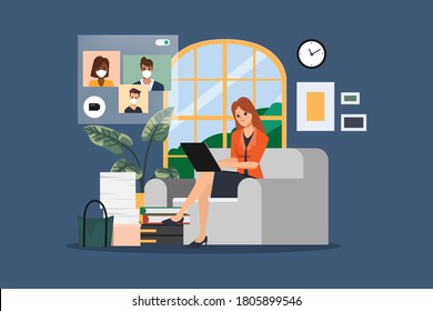 Los empleados están trabajando desde casa para evitar la propagación del coronavirus covid-19. Lugar de trabajo, pantalla de ordenador portátil, grupo de personas hablando por internet y amigos de encuentro en línea.