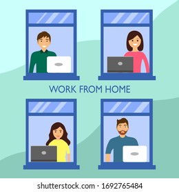 Employees are working from home with laptop to avoid spreading Covid-19 concept vector illustration. Home office during Coronavirus outbreak. Stay at home. Self isolation.