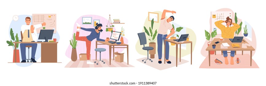 Employees working from home or office stretching and doing small exercises at workplace to get rest and relaxation. Removing tension and muscle soreness. Cartoon characters, vector in flat style