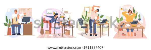 Employees working from home or office stretching\
and doing small exercises at workplace to get rest and relaxation.\
Removing tension and muscle soreness. Cartoon characters, vector in\
flat style