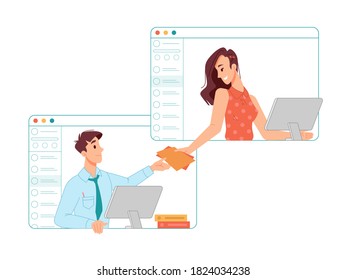 Employees working from home using laptops during quarantine lockdown. Freelancers keep in touch, communication via online video call application. Distant work and teleconference, colleagues vector