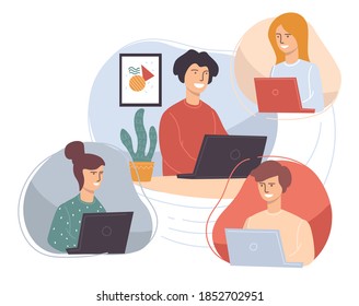 Employees working from home using laptops to get connected. People with computers doing projects online. Students doing homework or courses, distant studies or job network. Vector in flat style