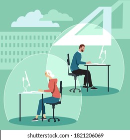 Employees working in individual bubbles as a physical distancing and pandemic hygiene measure in a reinvented office, EPS 8 vector illustration