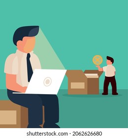 employees working with laptop and boxes