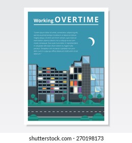 employees working late at night in their offices concept vector. Magazine article illustration cover of working overtime subject. Capitalism theme. Business center building workspace in flat design