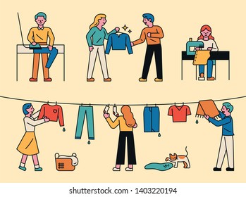 Employees working in the laundry. flat design style minimal vector illustration