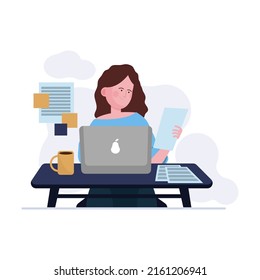 Employees working near clock, using computers, workplaces flat vector illustration. Time management in office. Planning, website design