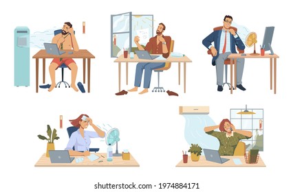 Employees working in office during summer heat, isolated people using fans and air conditioning systems to cool down. Sweating males and females by computers and desks. Vector in flat cartoon style