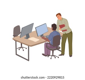 Employees working in office, isolated people talking on workspace. Man sitting by computer interrupted by boss or manager. Vector in flat cartoon style