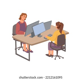 Employees working in office sharing table, coworking spaces of female characters with laptops and computers. Partners or programmers. Vector in flat cartoon style