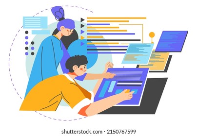 Employees working on on business project, man and woman with laptop looking at dana analytics. Research and development. Man and woman in team, brainstorming and innovations. Vector in flat style