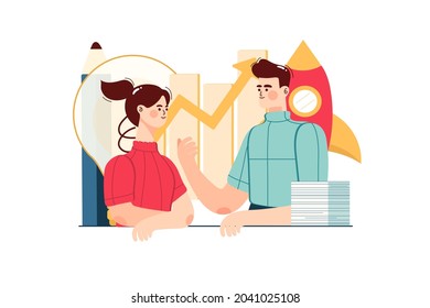 Employees Working On Business Startup Illustration concept. Flat illustration isolated on white background.