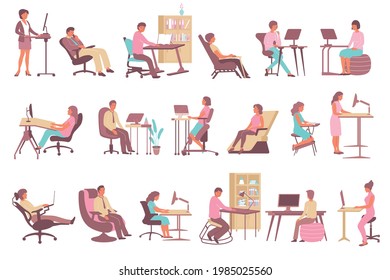 Employees working on computers at office with contemporary ergonomic desks chairs and seats flat set isolated vector illustration