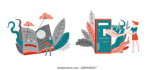 Employees working on development of business. People with smartphone and book searching with magnifying glass. Input and request, finding information from page. Vector in flat style illustration