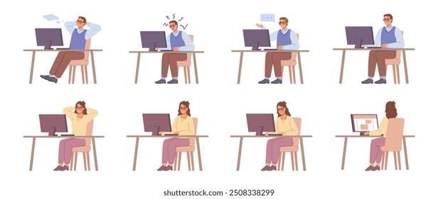 Employees working on laptops at home or office. Vector isolated people focused on task, confused or frustrated personages. Chatting and communicating with clients, online help information