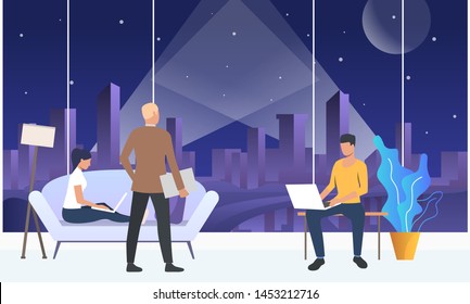 Employees working on laptops in modern office space. Wireless technology concept. Vector illustration can be used for topics like communication, high speed internet connection, 5G network