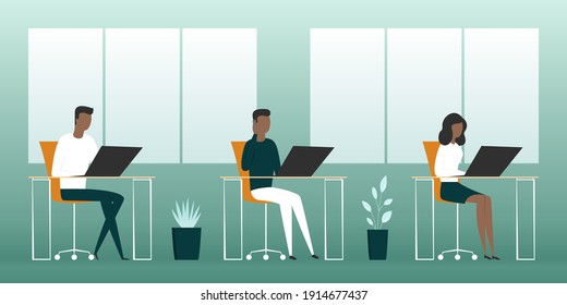 Empleados trabajando en laptops en la oficina. Ilustración vectorial.