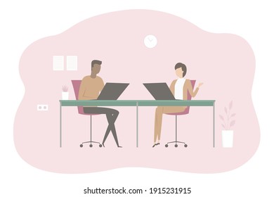 Employees working on laptops in office. Cartoon. Vector illustration.