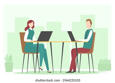 Empleados trabajando en laptops en la oficina. Ilustración vectorial. 