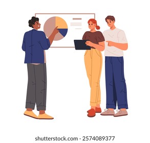 Employees working on project tasks. Vector isolated people showing presentation and thinking on possible business model success. Pitch or brainstorming, teamwork or consultation of specialist