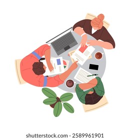 Employees working on project tasks and corporate issues. Vector isolated people brainstorming and dealing with documents. Top view of workers in office loaded with work, documentation teamwork