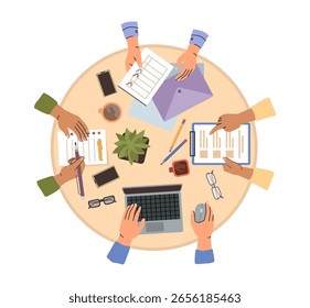 Empleados que trabajan en tareas de proyectos y asuntos corporativos. Vector de lluvia de ideas y el tratamiento de documentos en mesa redonda. Vista superior de las manos del trabajador en la oficina cargadas de trabajo, documentación y trabajo en equipo