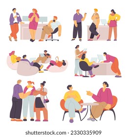 Employees working on project together, isolated young people discussing work related issues and problems. Office workers sitting by table, drinking coffee and looking and screen. Vector in flat style