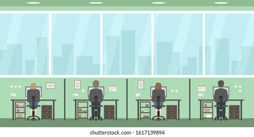 Employees working in open plan office. Back view. Vector.