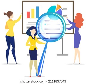 Employees working with statistics, analytics, presentation of research results. Businesspeople brainstorming, coworking, analysing data. Woman with magnifying glass examines statistical report