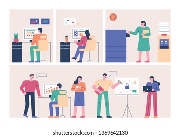 Employees working in their own offices. flat design style minimal vector illustration