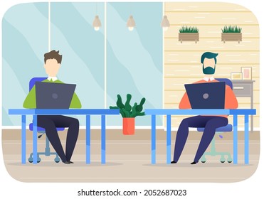 Employees working together in office. Businessmen sitting with laptops, surfing internet, brainstorming, coworking. Managers use computers, modern technologies at workplace vector illustration