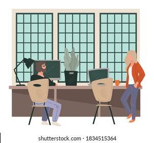 Employees at workplace in office talking at coffee break. People discussing working tasks and routine. Manager and boss, man and woman on informal business meeting analyzing, vector in flat style