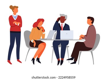 Employement job interview man and women table and chairs. Vector vacant position work or occupation employee hr manager and secretary with laptop male and female characters office and business