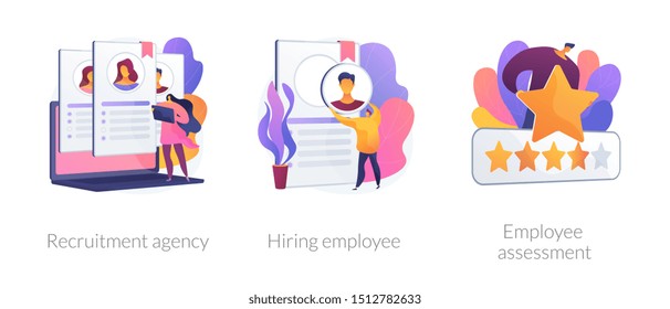 Employer actions icons set. Employment service, resume search, staff selection. Recruitment agency, hiring employee, employee assessment metaphors. Website web page template - concept metaphors.