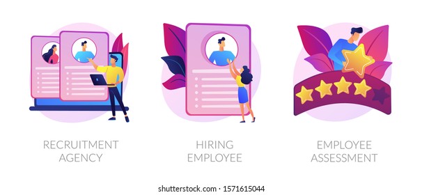 Ícones de ações do empregador definidos. Serviço de emprego, pesquisa de currículo, seleção de pessoal. Agência de recrutamento, funcionário admitente, metáforas de avaliação do funcionário. Modelo de página da Web do site - metáforas de conceito.