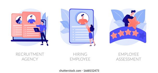 Employer actions icons set. Employment service, resume search, staff selection. Recruitment agency, hiring employee, employee assessment metaphors. Website web page template - concept metaphors.