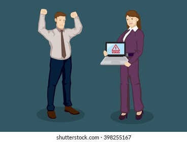 Employer angry with upset worker whose laptop is infected by computer virus. Cartoon vector illustration for web security for business concept isolated on green background.