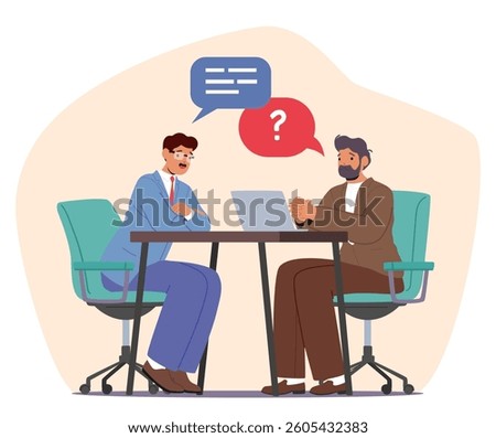 Employer asking question interviewing vacancy candidate during personal colloquy meeting cartoon scene. Staff hiring, headhunting and recruitment process in business company vector illustration