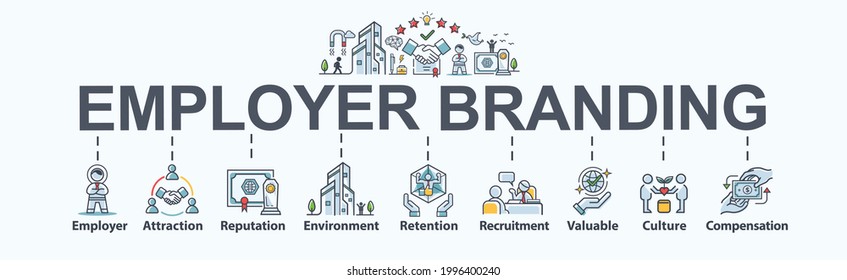 Employer branding banner web icon for business and organization, attraction, reputation, environment, recruitment, retention, culture and compensation. Flat cartoon vector infographic.