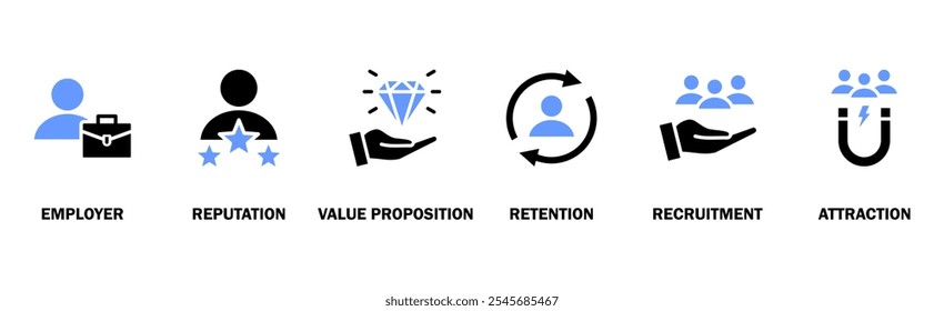 Marca do empregador ícone da web vetor ilustração conceito com um ícone de aumento de pagamento, reputação, proposta de valor, retenção, recrutamento e atração