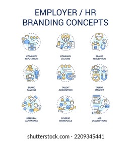 Employer branding concept icons set. Company reputation. Recruitment strategy. HR idea thin line color illustrations. Isolated symbols. Editable stroke. Roboto-Medium, Myriad Pro-Bold fonts used