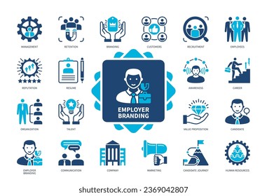 Employer Branding icon set. Candidate Journey, Career, Resume, Communication, Retention, Recruitment, Human Resources, Value Proposition. Duotone color solid icons