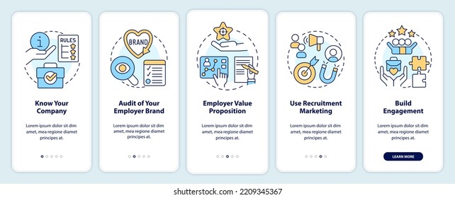 Employer branding process onboarding mobile app screen. HR system walkthrough 5 steps editable graphic instructions with linear concepts. UI, UX, GUI template. Myriad Pro-Bold, Regular fonts used